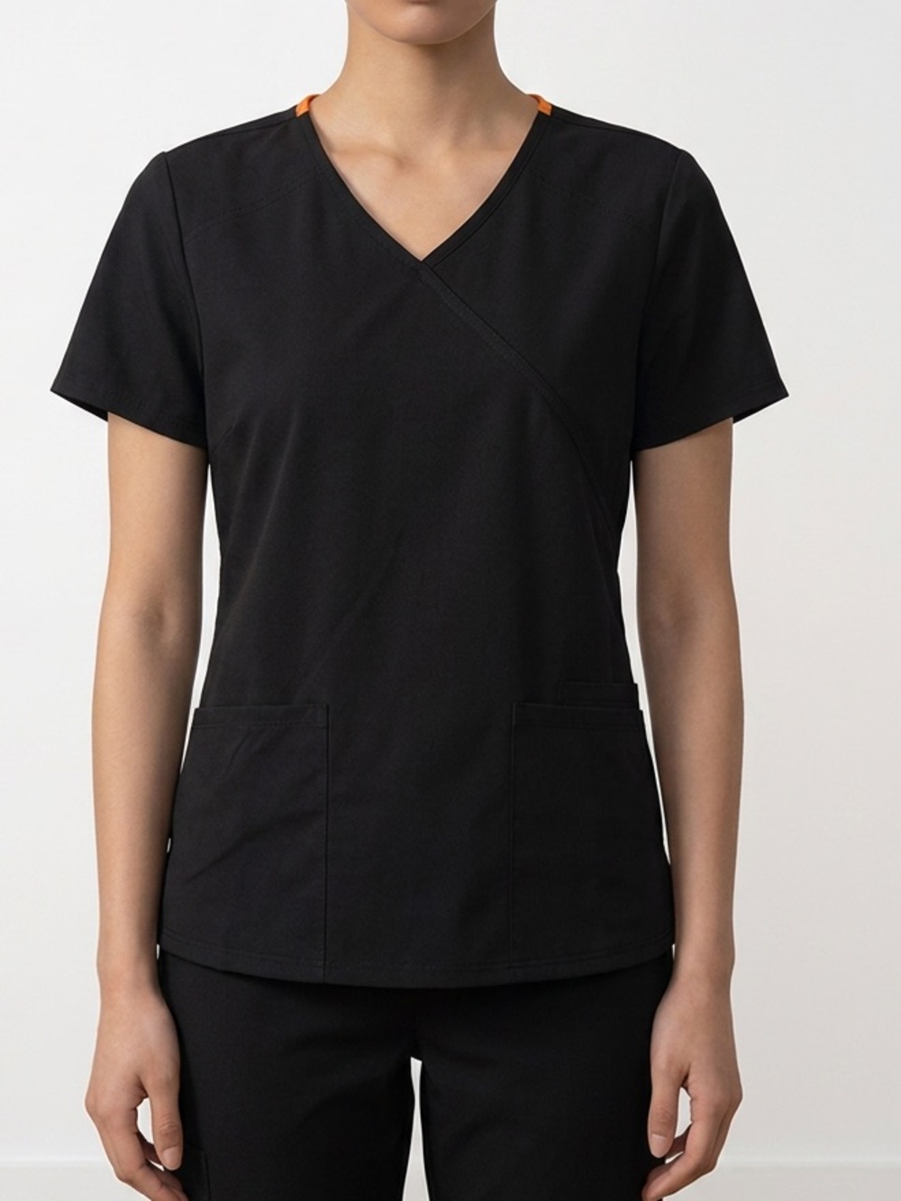 Women's Black V-Neck Short Sleeve Scrub Top with Front Pockets